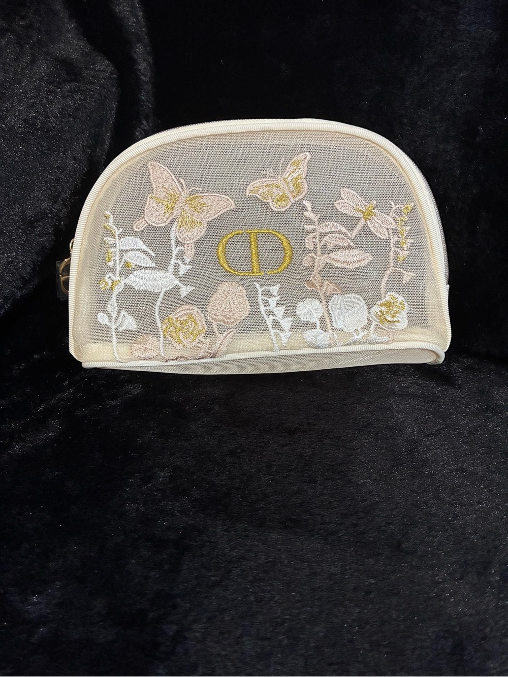 Dior Beige Embroidered Butterfly Cosmetic Pouch with Gold CD Logo - Picture 2 of 9